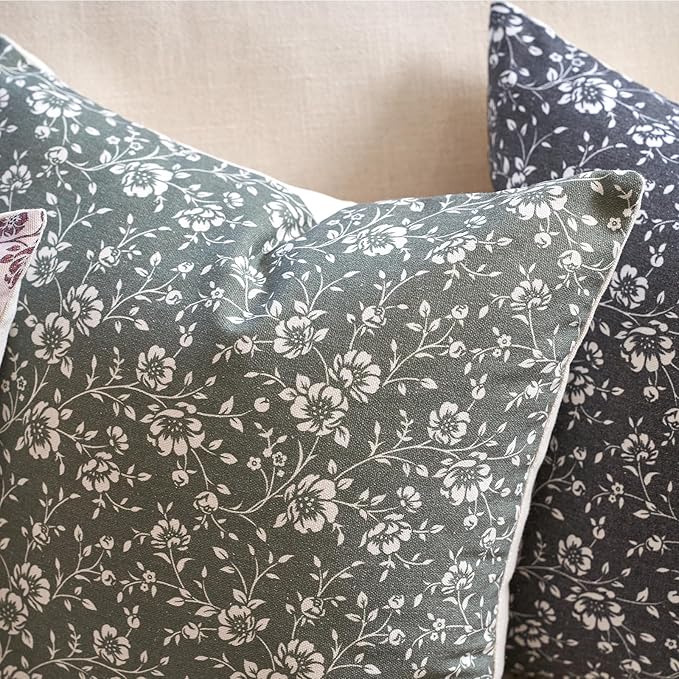 Alerfa Set of 2 Floral Pillow Covers 18x18, Vintage Block Print Throw Pillow Covers Decorative Farmhouse Accent Couch Pillows for Living Room Bedroom, Dark Olive-Green