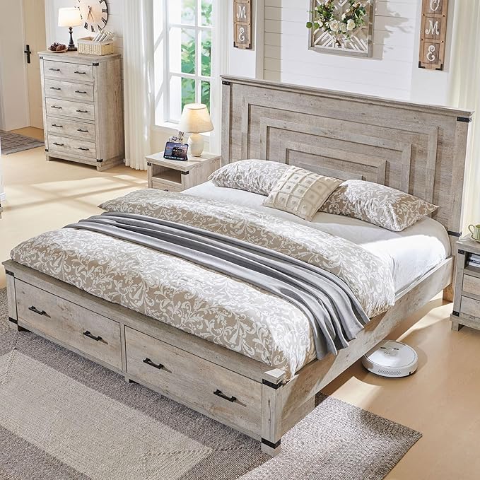 T4TREAM Farmhouse King Size Bed Frame with 54" Tall Geometric Headboard & 2 Large Storage Drawers, Rustic Wood Platform Bed with Wood Slats Support, No Box Spring Needed, Light Rustic Oak