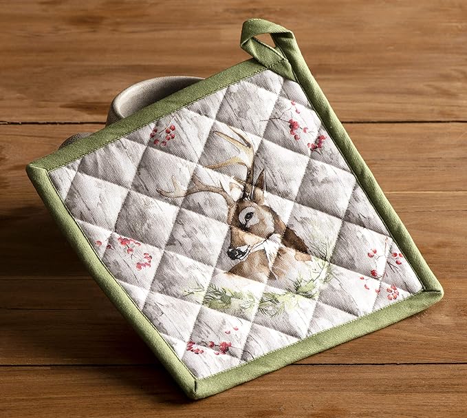 Maison d' Hermine 100% Cotton Oven Mitt & Pot Holder Set (7.5"x13" & 8"x8") Heat Resistant BBQ Cooking Gloves with Loop for Thanksgiving Christmas Decorations Handling Hot Pans (Mountain Life)