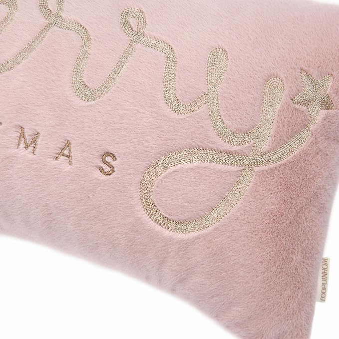 Faux Fur Merry Christmas Pillow Covers 18x18,Gold Embroidered Throw Pillow Covers Christmas Decorations Holiday Pillows for Home Couch,Pink Blush/Gold