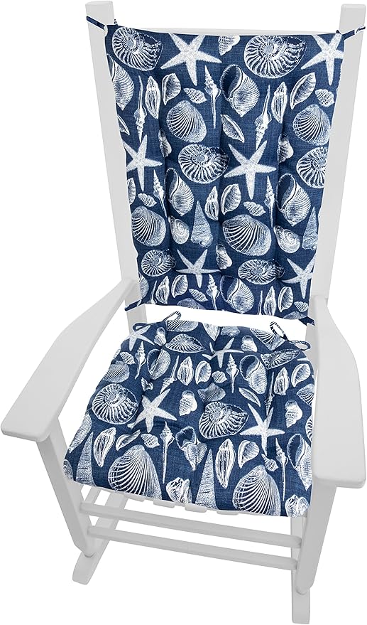 Shoreline Navy Porch Rocker Cushions - Extra-Large - Indoor - Outdoor, Fade Resistant, Weather Resistant - Latex Foam Fill Rocking Chair Seat Cushion & Backrest Pad Set - (Seashells - Blue)