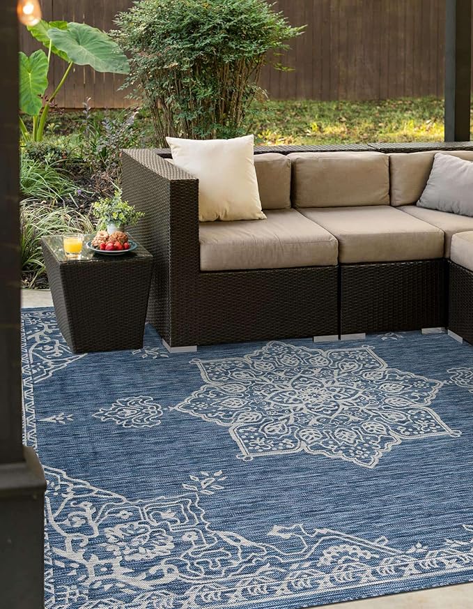 Unique Loom Outdoor Traditional Collection Area Rug - Antique (7' 10" Square Blue/Ivory)