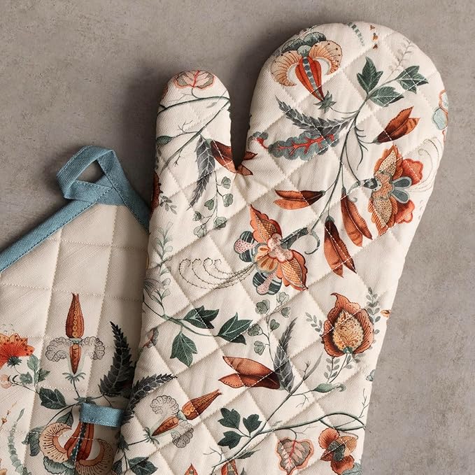 Maison d' Hermine 100% Cotton Oven Mitt & Pot Holder Set (7.5"x13" & 8"x8") Heat Resistant BBQ Cooking Gloves with Loop for Thanksgiving Christmas Decorations Handling Hot Pans (Dalida)