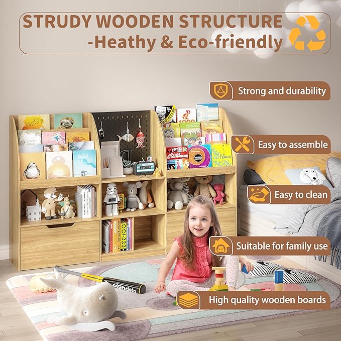 Toy Storage Organizer, Kids Book Shelf and Toy Organizer, 67" Toy Organizers and Storage with Movable Drawers, Playroom Organization and Kids Reading Nook with 5 Storage Cubbies, Natral Wood