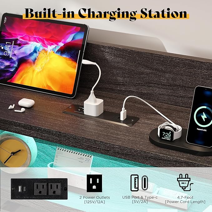 Twin Farmhouse Bed Frame with Bookcase Headboard and 4 Drawers, LED Storage Bed with Charging Station & Linen Upholstered, No Box Spring Needed, Black