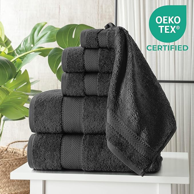 TEXTILOM 100% Turkish Cotton 6 Pcs Bath Towel Set, Luxury Bath Towels for Bathroom, Soft & Absorbent Bathroom Towels Set (2 Bathtowels, 2 Hand Towels, 2 Washcloths)- Black