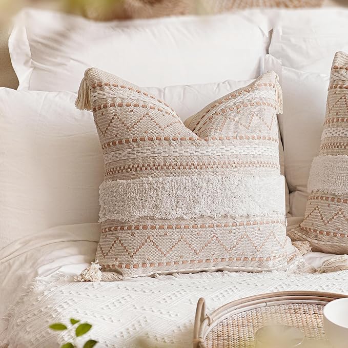 Decorative Throw Pillow Cover 18x18 Square Cream Neutral White Boho Accent Pillowcase Tassels Farmhouse Cushion for Couch Sofa Bedroom Living Room Home Décor (Cover ONLY, Pack of 1)