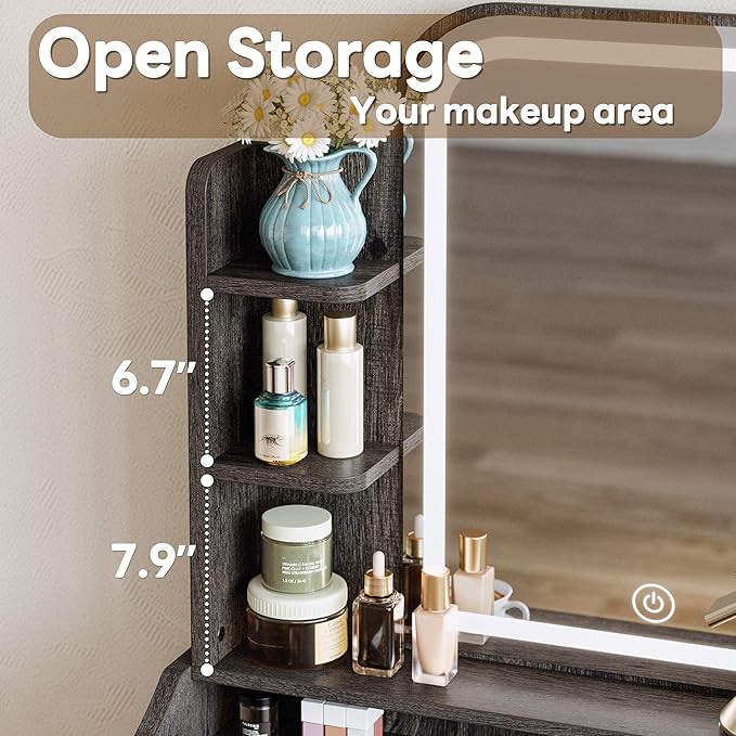 LIKIMIO Small Makeup Vanity Desk with Mirror and Lights, Vanity Table Set with Storage Drawer, Chair and Three Shelves, Bedroom, Charcoal Grey