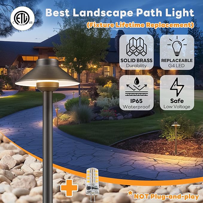 Brass Landscape Path Lights - 12V Low Voltage Pathway Light IP65 Waterproof, LED Outdoor Walkway Lighting Wired, Hat Bronze for Patio Lawn with 3W 2700K Warm White G4 Bulb (10 Pack)