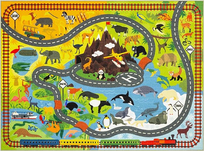 KC Cubs 5x7 Animal Safari Toy Car Road Rug – Educational Play Mat Carpet for Kids, Toddlers, Nursery, Classroom, Playroom, Baby Daycare, Boys & Girls