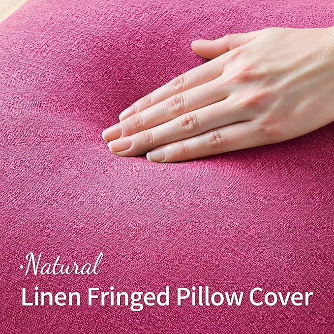 MIULEE Decorative Throw Pillow Covers Neutral Linen Fringe Throw Pillows Euro Shams Set of 2 Hot Pink Boho Farmhouse Cushion Covers for Couch Sofa Bed Living Room Spring Home Decor 22x22 Inch