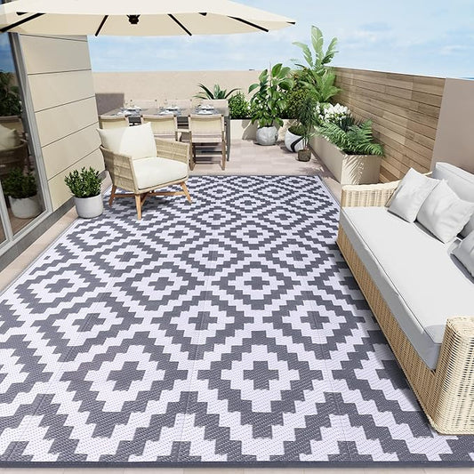 OLANLY Waterproof Outdoor Rug 9x18 ft, Outdoor Plastic Straw Rug for Camping, RV Mat Outside, Outdoor Carpet for Porch, Deck, Backyard, Balcony, Picnic, Grey & White