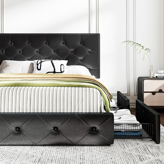 MUTICOR Full Size Bed Frame with 4 Storage Drawers, Upholstered Platform Bed with Button Tufted Adjustable Headboard, No Box Spring Needed, Easy Assembly, Diamond Tufted, Black Leather