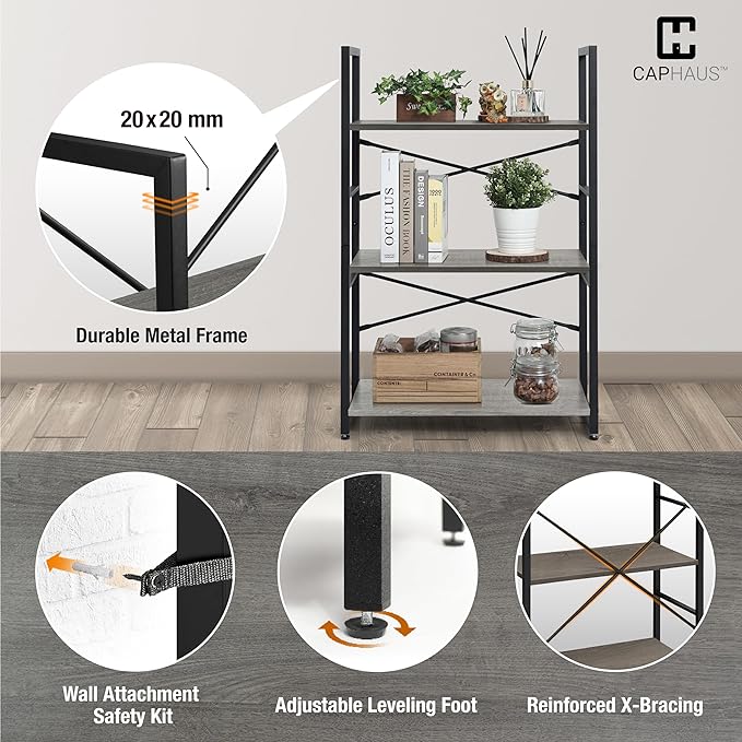 CAPHAUS 2 Tier Small Bookshelf, 24 Inch Width Free Standing Shelf, Bookcase Shelf Storage Organizer, Industrial Book Shelves for Home Office, Living Room, Dark Grey Shelves & Metal Frame