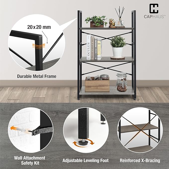 CAPHAUS 3 Tier Small Bookshelf, 24 Inch Width Free Standing Shelf, Bookcase Shelf Storage Organizer, Industrial Book Shelves for Home Office, Living Room, Dark Grey Shelves & Metal Frame