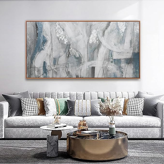 Large Abstract Wall Art For Living Room Hanging Decor Grunge Room Home Wall Decor Silver Blue Canvas Art Wall 29" X 58" With Framed Painting White Wall Art For Bedroom Home Office