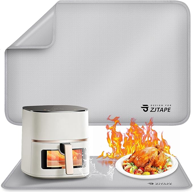 Heat Resistant Mat for Air Fryer Site - 23.6 x 15.7in, Fireproof Silicone Mats for Kitchen Counter, Heat Proof Mat, Non-slip & Waterproof for Deep Fryer, Oven, Coffee machine (Silver)