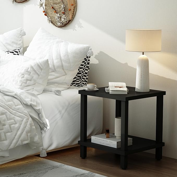 Large End Table Square Side Table Modern Sofa Table 20 Inch Industrial Coffee Table NightStand with 2-Tier Storage Shelf for Living Room Bedroom Black MLBZ06B