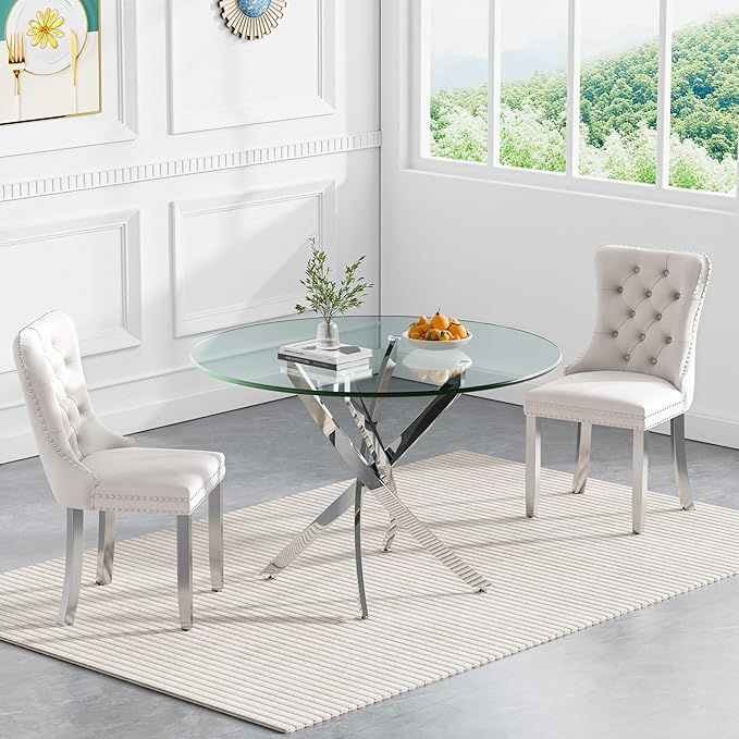 Goujxcy 3 Piece Round Glass Dining Table Set for 2, 36" Round Dining Table & Chair Set Modern Circle Glass Kitchen Table and 2 Velvet Upholstered Chairs for Kitchen Dining (Silver Table & Beige Chair)