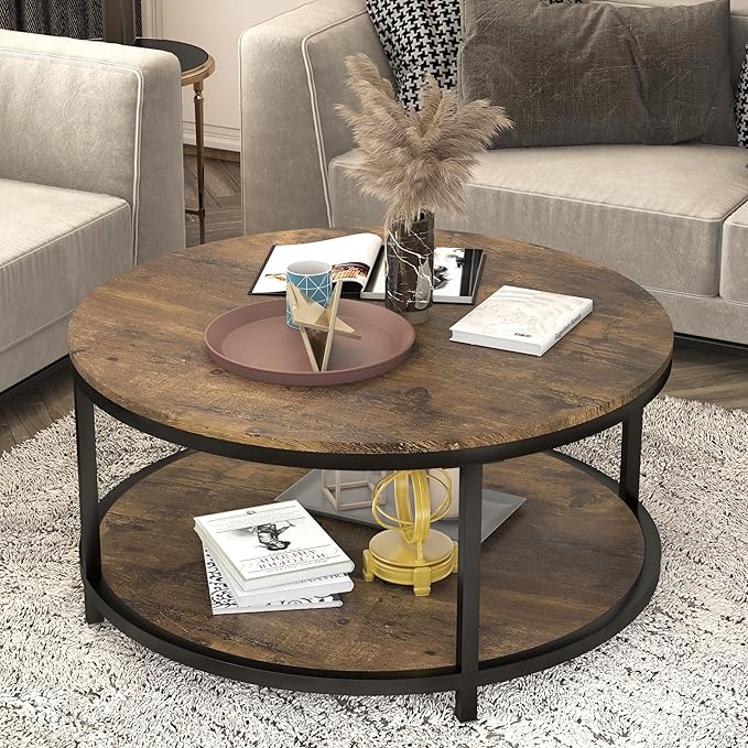 NSdirect 36 inches Round Coffee Table, Rustic Wooden Surface Top & Sturdy Metal Legs Industrial Sofa Table for Living Room Modern Design Home Furniture with Storage Open Shelf (Brown)