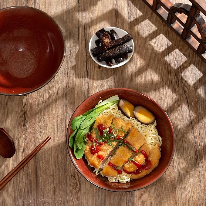 8 Inch Ceramic Ramen Bowl Set of 2, 40oz Japanese Bowls with Spoons & Chopsticks,Durable,Microwave & Dishwasher Safe,Perfect for Ramen,Pho,Salad,Soup,Noodles，Mixing bowls（Carnelian）