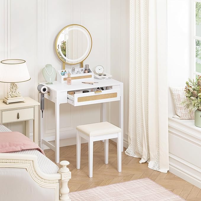 Spirich Makeup Vanity Desk with Mirror and Lights, Rattan White Vanity with Drawers, 3 Lighting Modes Small Vanity Dressing Table for Bedroom
