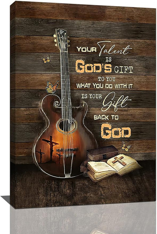 banonaty Christian Guitar Wall Art Rock Music Guitar Decor Musical Pictures Artwork Inspirational Quotes Canvas Prints Room For Studio Bedroom Living Bathroom Framed 16''x24''