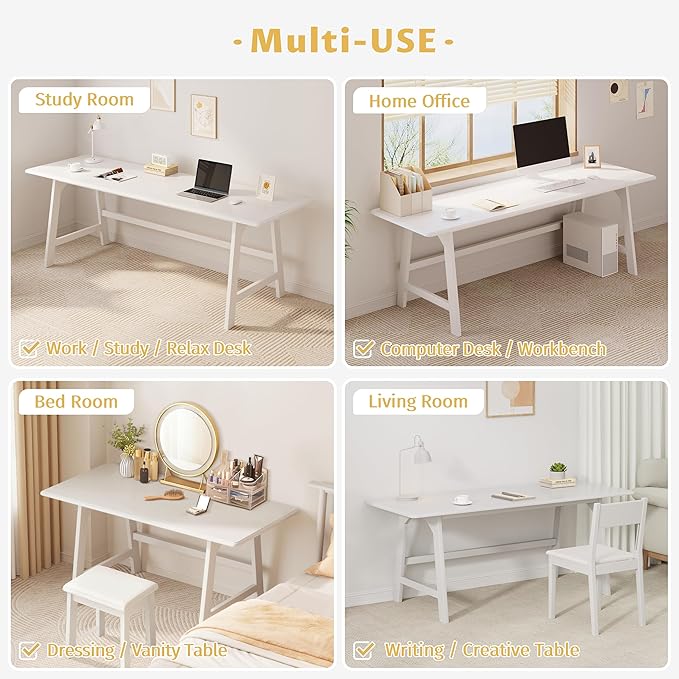 IOTXY Solid Wood Writing Table - 72" W x 24" D Minimalist Long Computer Desk for Home Office, Work, Study, Creativity, and PC Workstation, White