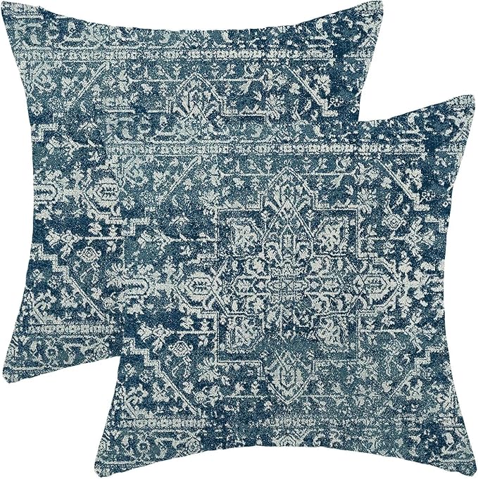 Boho Blue Throw Pillow Covers 18x18 Set of 2, Carpet Pattern Navy Blue Decorative Throw Pillow Covers Bohemia Linen Outdoor Cushion Cover for Sofa Couch Farmhouse Room Bed