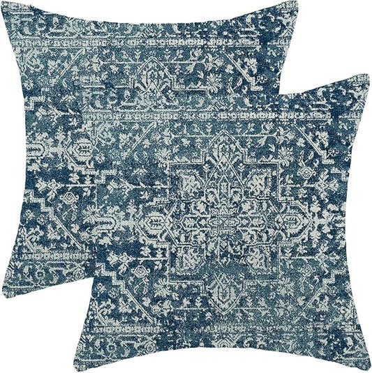 Boho Blue Throw Pillow Covers 18x18 Set of 2, Carpet Pattern Navy Blue Decorative Throw Pillow Covers Bohemia Linen Outdoor Cushion Cover for Sofa Couch Farmhouse Room Bed