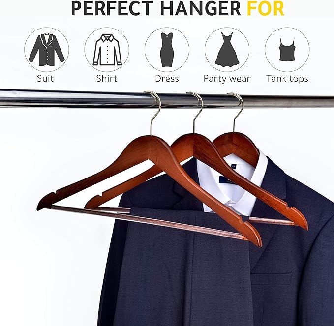 Quality Wooden Hangers - Slightly Curved Hanger 20-Pack Sets - Solid Wood Coat Hangers with Stylish Chrome Hooks - Heavy-Duty Clothes, Jacket, Shirt, Pants, Suit Hangers Walnut - Gold Hook