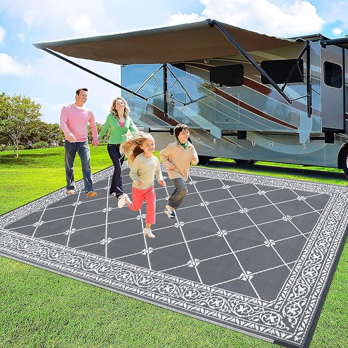 HiiARug Reversible Mat Plastic Outdoor Rugs for Patios Clearance Waterproof Plastic Straw Rug Large Area Rug for Outdoor, Porch, Patio, RV,Camping,5x7Ft, Grey