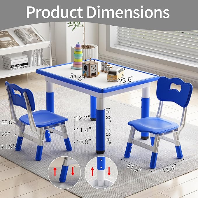 Toddler Table and 2 Chairs, Kids Table and Chair Set Height Adjustable, 31.5''L x 23.6''W Multifunctional Graffiti Desktop for Reading, Drawing, Eating, for Girls & Boys Age 2-10, Blue