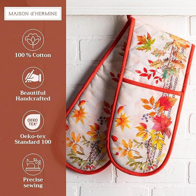 Maison d' Hermine Double Oven Mitt (7" x 35") 100% Cotton Heat Resistant BBQ Cooking Gloves with Loop for Thanksgiving Christmas Decorations Baking Cooking Barbeque Handling Hot Pan (Amarante)