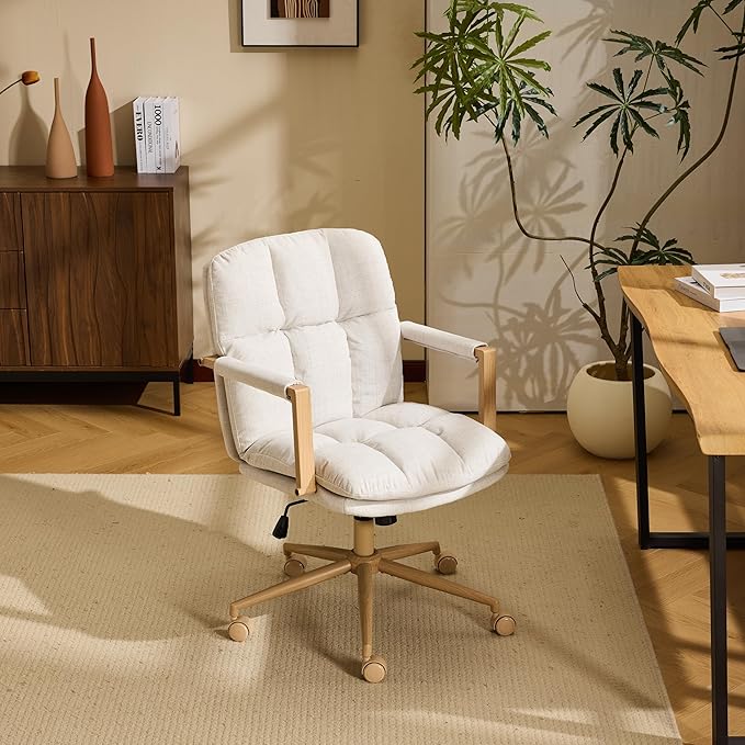 VINGLI Comfy Linen Office Desk Chair with Wheels & Detachable Cushions & Wood-Like Armrests,Swivel Small Computer Task Chair,Adjustable for Girl Makeup Vanity,Teen/Kids Study,Nail Tech,Sewing,White