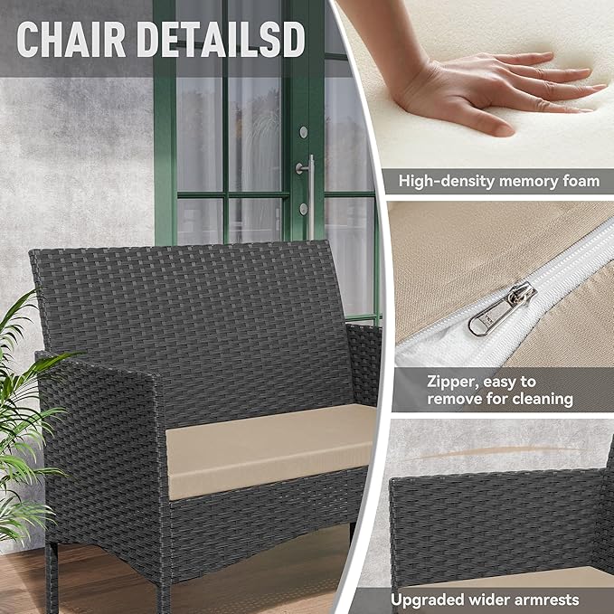 Kurapika Patio Furniture Set 4 Pieces Outdoor Wicker Rattan Chairs Conversation Sets w/Coffee Table, Rocking Bistro Set, for Patio Lawn Backyard (Sand)