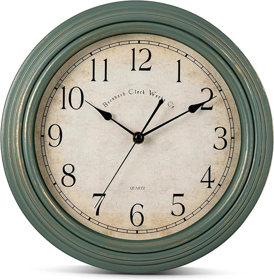 Bernhard Products Vintage Wall Clock Silent Non Ticking - 12 Inch Quality Quartz Battery Operated Decorative Rustic Green Clock for Home Kitchen Living/Dining Room Office Decor, Easy to Read