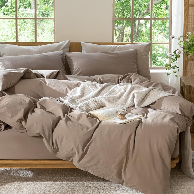 MooMee Bedding Duvet Cover Set 100% Washed Cotton Linen Like Textured Breathable Durable Soft Comfy (Solid Brown, Palatial King/Oversized King 120"x98")