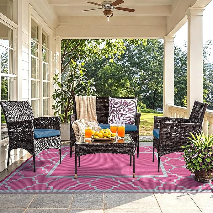 GENIMO 6' x 9' Outdoor Rug Waterproof for Patio Decor, Foldable Reversible Plastic Straw Area Rugs Mat for Camper, Outside Carpet for Rv, Deck, Porch, Picnic, Beach, Balcony, Pink & Grey