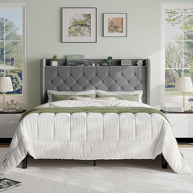SHA CERLIN Queen Size Platform Bed Frame with Charging Station, Velvet Wingback Headboard with Storage Shelf, Wooden Slats Support, Ample Under-Bed Space, No Box Spring Needed, Easy Assembly, Grey