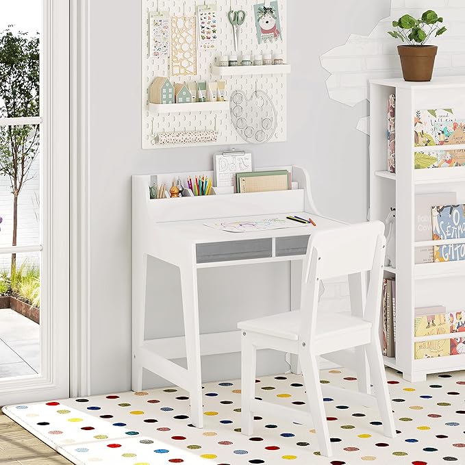 UTEX Kids Desk and Chair Set, Study Desk for Kids with Storage Bins, Wooden Children Study Table, Student Writing Desk for Bedroom & Study Room