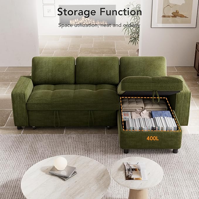 Vipbear Sleeper Sectional Sofa, 81" L Shaped Couch with Pull Out Bed, Convertible Chenille Cloud Sofa with Reclining Backrest | Reversible Storage Chaise | USB Ports | Tool-Free Assembly | Green