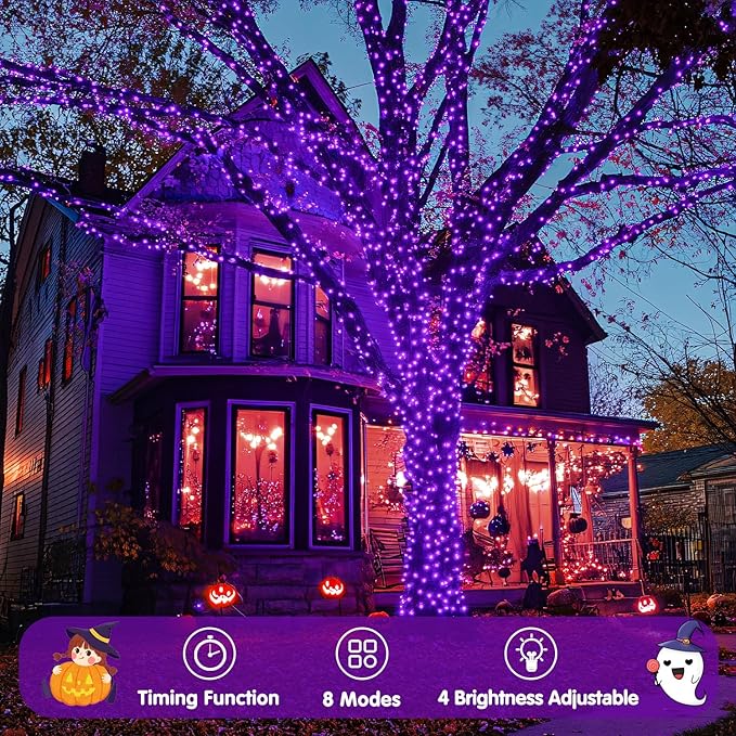 JMEXSUSS 400 LED Purple String Lights Indoor Outdoor Waterproof, 132ft Purple Halloween Lights Plug in with Remote, 8 Modes Christmas Light for Bedroom Party Patio Deck Halloween Christmas Tree Decor