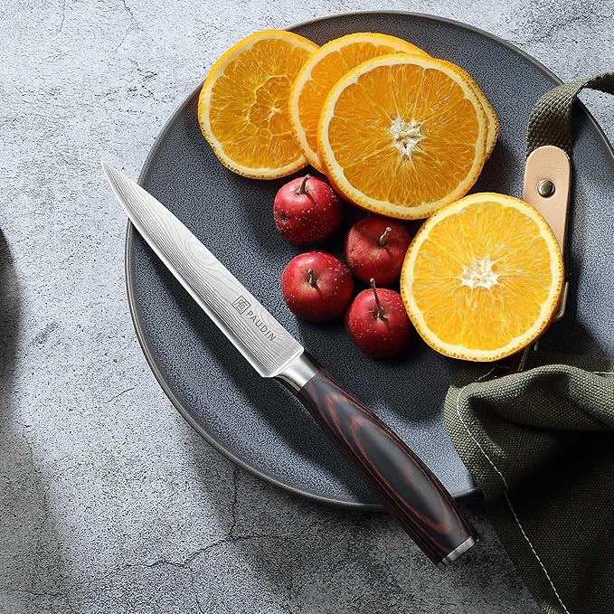 PAUDIN Utility Knife, 5 Inch Chef Knife, Ultra Sharp High Carbon Stainless Steel, Multipurpose Paring Knife for Fruit and Vegetable Cutting with Wooden Handle, Premium Gift Box