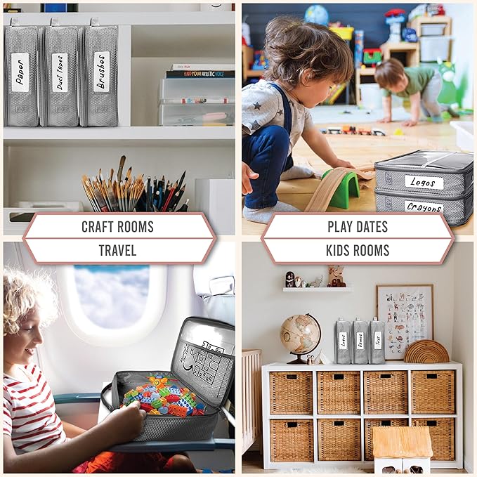 Toy Storage Bag, On the Go Toy Storage Organizer, Car Toy Organization, Blocks Travel Bag, Activity Bags for kids, Traveling Carrying Case, Storage Organizer (Large 2 pc Grey Bags)