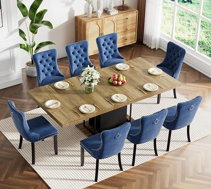 Goujxcy 78.7" Farmhouse Extendable Dining Room Table Set for 8, 9-Piece Rectangle Kitchen Dining Room Table Set with Wood Base and 8 Blue Velvet Dining Chairs, Extending Kitchen & Dining Table Set