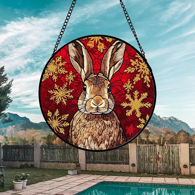Stained Glass Window Hanging 4 Pcs Set Red Golden Snowflakes 6.3" - Christmas Elk Rabbit Suncatcher Door Garden Sun Catcher Decor Birthday for Mom Woman Nana Men