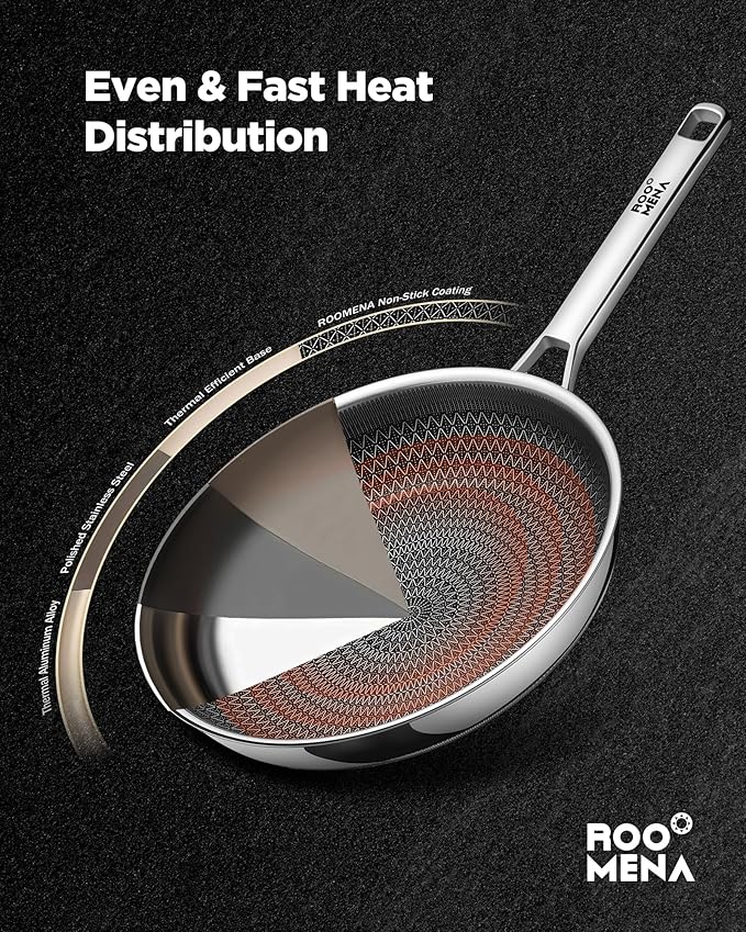 Non Stick Frying Pans Hybrid Ceramic With Lid, 12 Inch Tri-Ply Stainless Steel Skillet, Non-Toxic, PFAS/PFOA/PTFE Free, Metal Utensil Safe, Dishwasher & Oven Safe, Induction Compatible