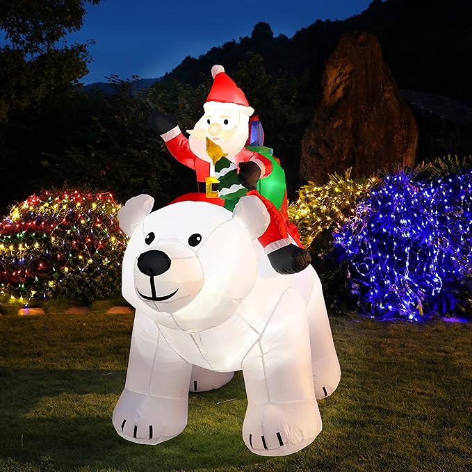 SAND MINE 6 Foot Tall Christmas Inflatable Santa Claus on Polar Bear, LED Lights Outdoor Indoor Holiday Decorations, Christmas Blow up Lawn Inflatables for Christmas Home Yard Decoration