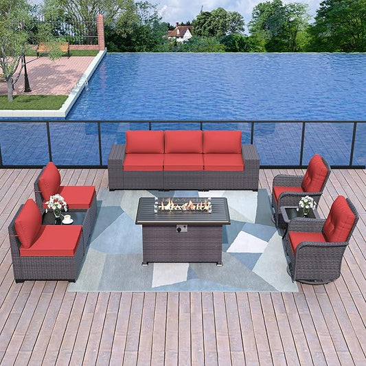 Kurapika 10 Pieces Patio Furniture Set, Rattan Wicker Outdoor Conversation Sets w/43in Propane Fire Pit Table, Swivel Rocking Chairs Patio Sectional Sofa w/4 Inch Cushion, Red